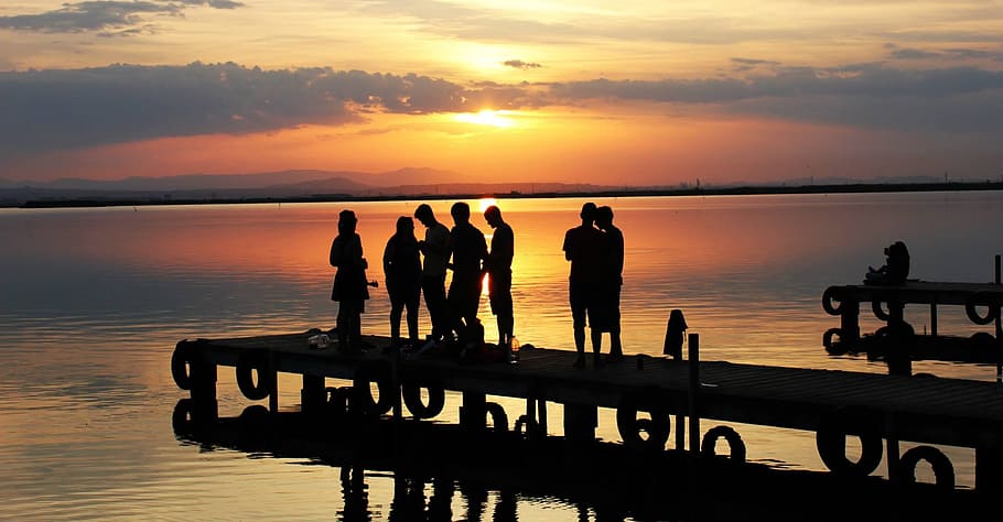 siete, silueta, persona, muelle marino, puesta de sol, sol, albufera, valencia, españa, lago